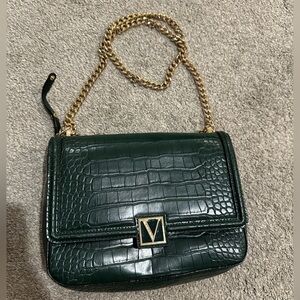 Victoria's Secret Dark Green Crocodile Print Bag with Gold Chain